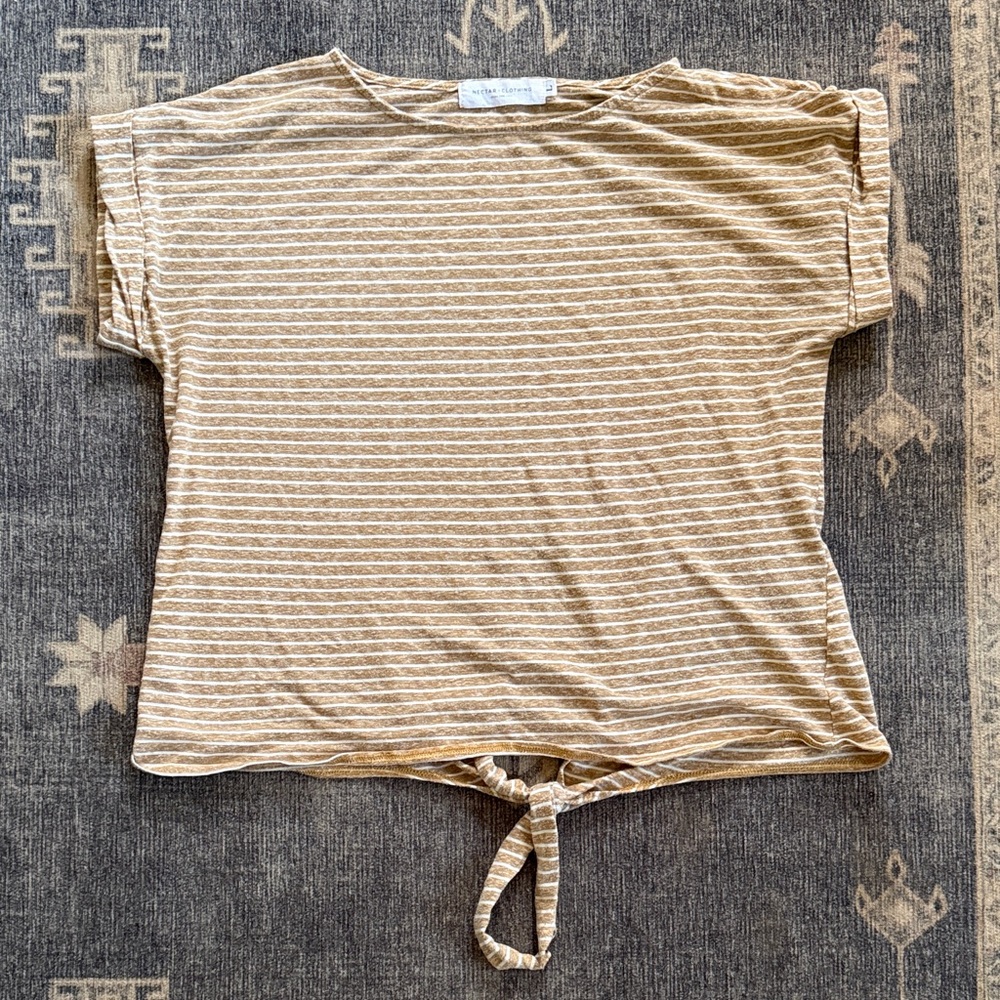 Striped Tie-Hem Short Sleeve Top - Beige